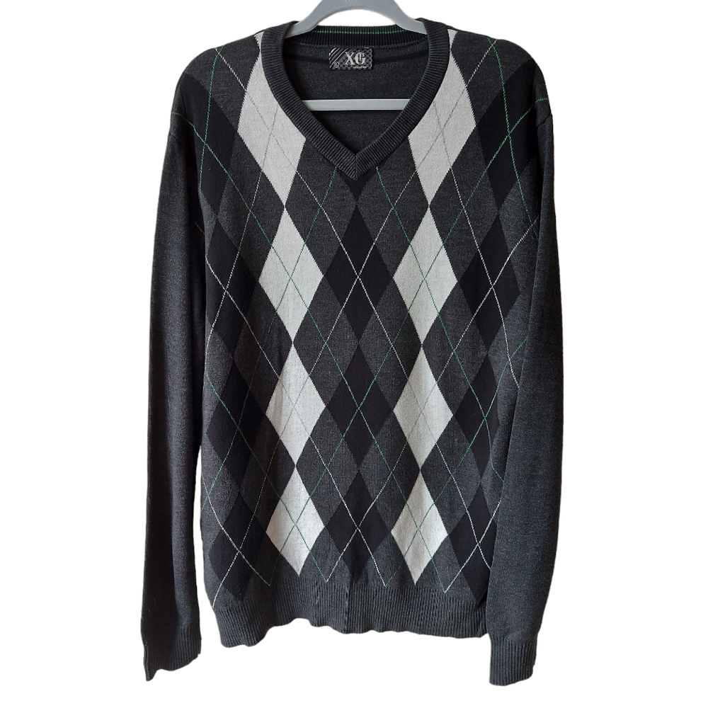 *XG Y2k Retro 90s Argyle Grey with Green White Mens V-Neck Sweater Size Large